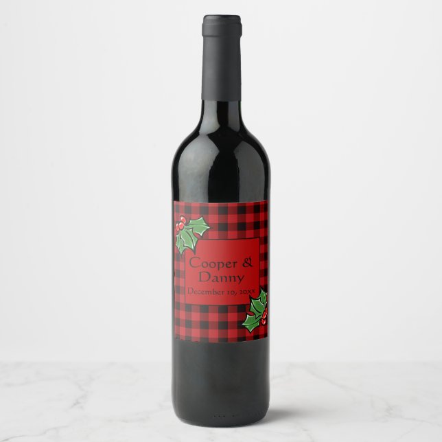 Classic red black plaid christmas holly  wine label (Front)