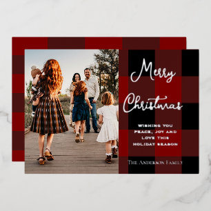 Classic Red & Black Plaid Family Photo Christmas Foil Holiday Card
