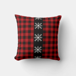 Classic red black plaid holiday snowflakes cushion