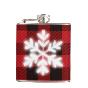 Classic red black plaid pattern cute snowflake hip flask