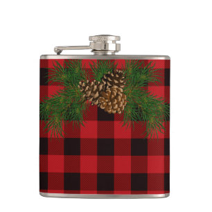 Classic red black plaid pattern pinecone hip flask