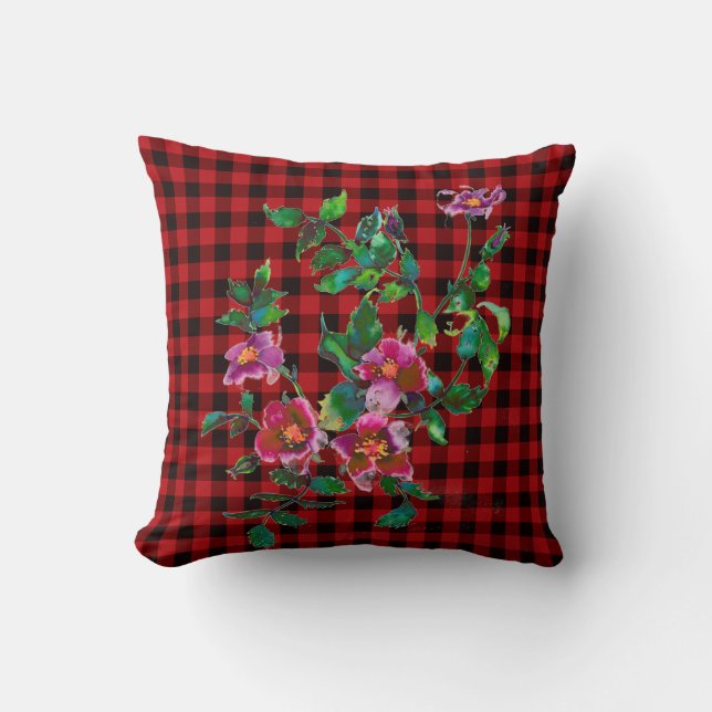 Classic red black plaid pattern watercolor floral cushion (Front)