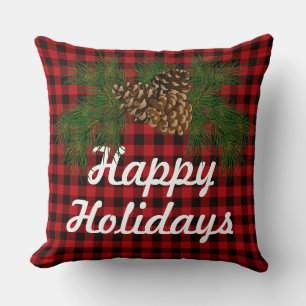 Classic red black plaid pine cone calligraphy cushion