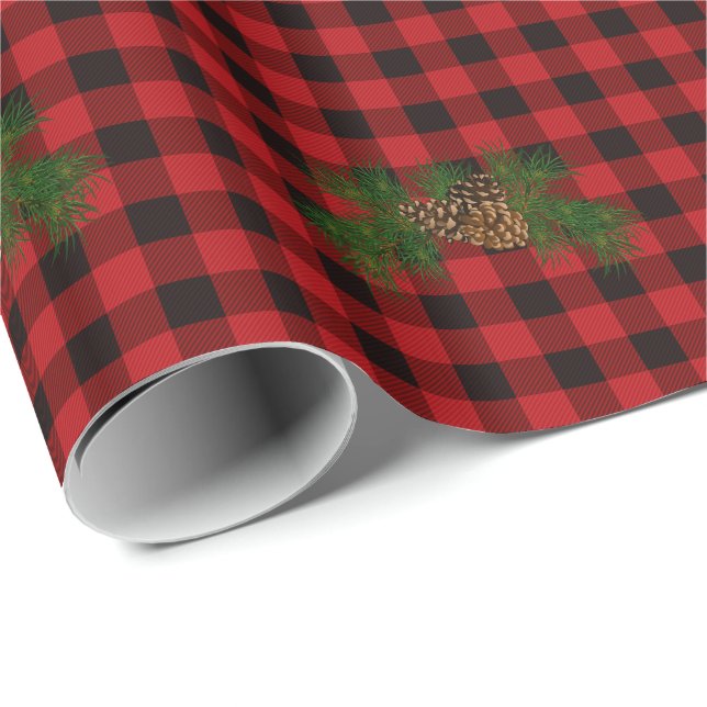 Classic red black plaid rustic pine cone wrapping paper (Roll Corner)