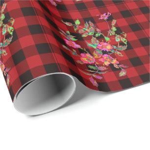 Classic red black plaid with vintage roses wrapping paper