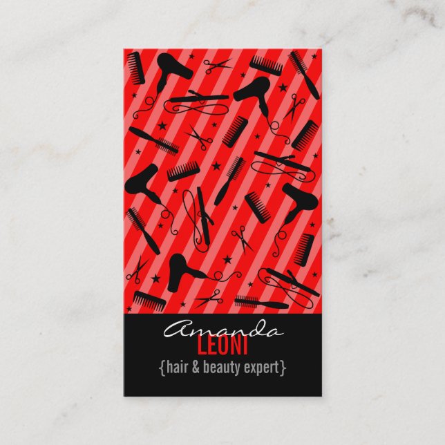 Classic Red & Black Salon Tools Vertical Business Card (Front)