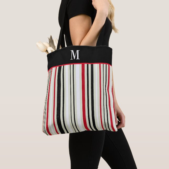 Classic Red Black Stripe Monogram Tote Bag (Close Up)