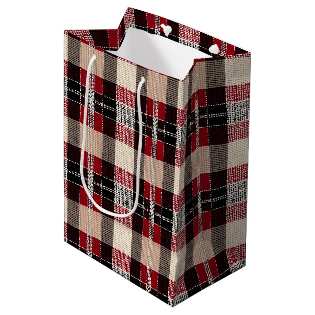Classic Red & Black Tartan Plaid - Rustic Woven Medium Gift Bag (Front Angled)