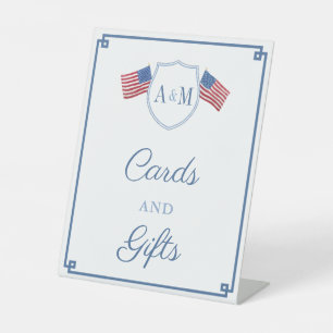 Classic Red Blue Monogram Wedding Cards and Gifts Pedestal Sign