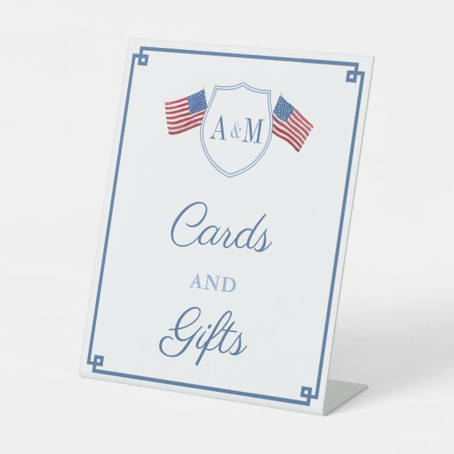 Classic Red Blue Monogram Wedding Cards and Gifts Pedestal Sign (Front)