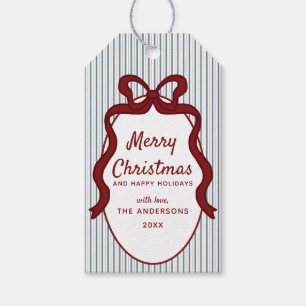 Classic Red Blue Stripes & Bow Frame Christmas  Gift Tags