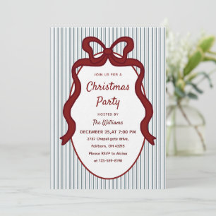Classic Red Blue Stripes & Bow Frame Christmas  Invitation
