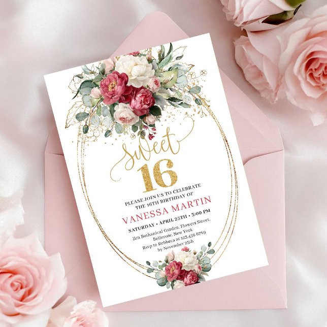 Classic Red Blush Floral Sweet 16 Birthday Invite (Classic Red Blush Floral Sweet 16 Birthday Invitation)
