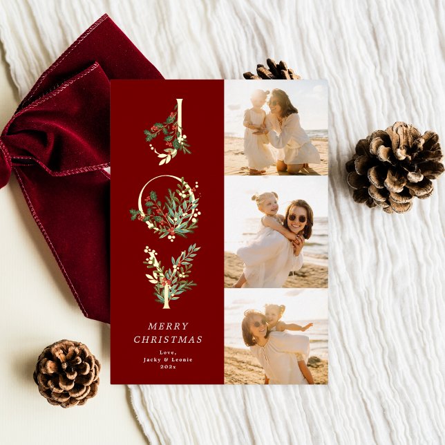 Classic Red Botanical JOY Collage Photo Christmas Foil Holiday Card (Creator Uploaded)