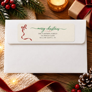 Classic Red Bow Green Script Christmas Address