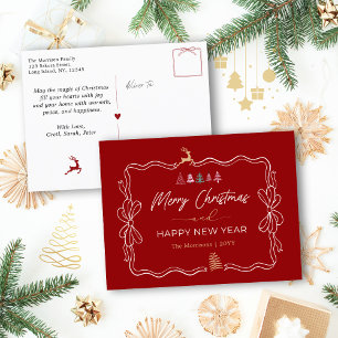 Classic Red: Bow & Trees Doodles Holiday Postcard