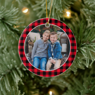 Classic Red Buffalo Plaid Christmas Kids Photo Ceramic Tree Decoration