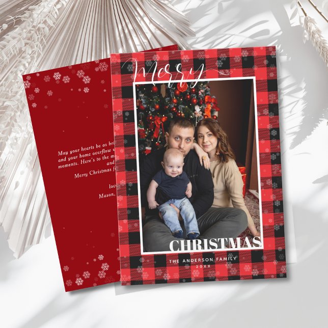 Classic Red Buffalo Plaid Snow Photo Christmas  Holiday Card (Creator Uploaded)