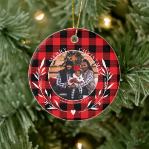 Classic Red Buffalo Plaid Wreath Photo Christmas Ceramic Tree Decoration