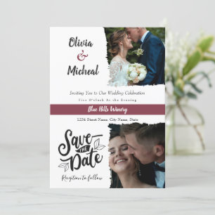 Classic Red Burgundy save the date , Place 2 photo Invitation