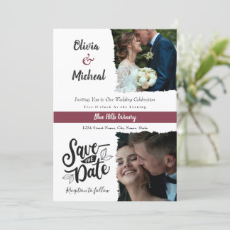 Classic Red Burgundy save the date , Place 2 photo Invitation
