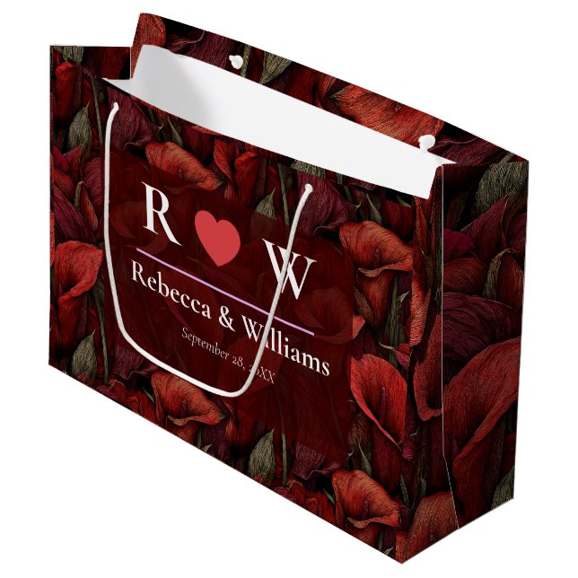 Classic Red Calla Lilies Themed Greenery Wedding Large Gift Bag (Front Angled)