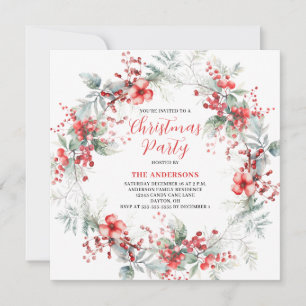 Classic Red Christmas Floral Wreath Party Invitation