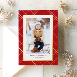 Classic red Christmas plaid one photo elegant Foil Holiday Card