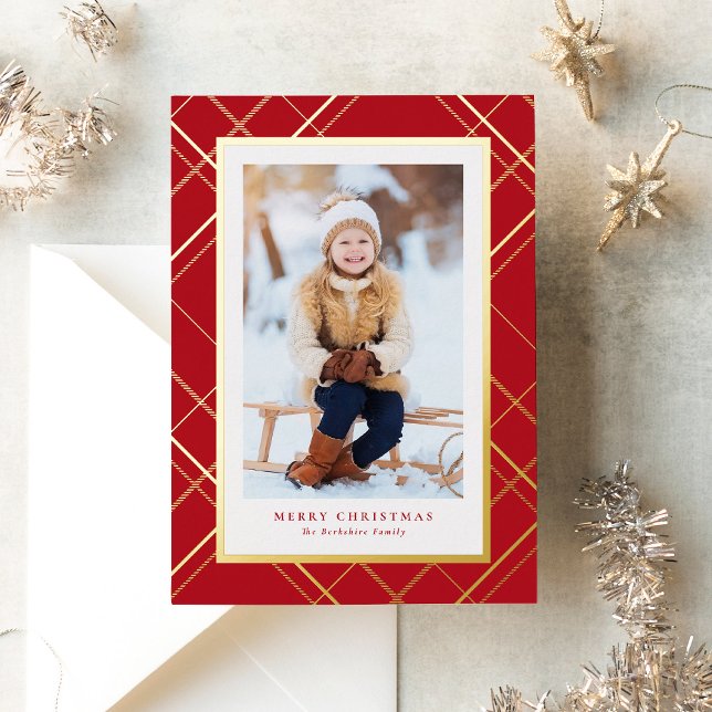 Classic red Christmas plaid one photo elegant Foil Holiday Card (Creator Uploaded)