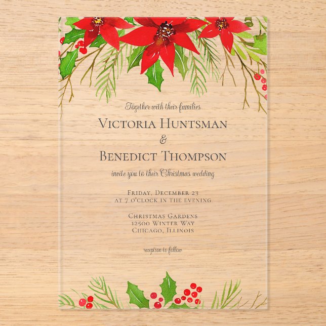 Classic Red Christmas Poinsettia Floral Wedding Acrylic Invitations (Front)