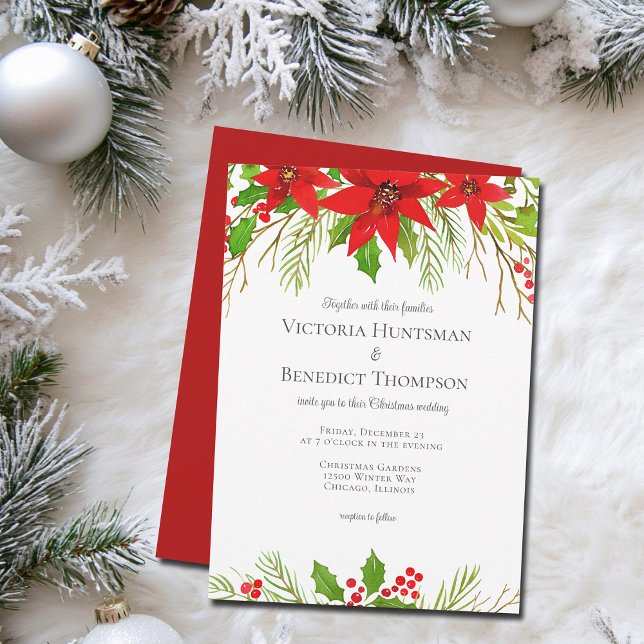 Classic Red Christmas Poinsettia Floral Wedding Invitation (Creator Uploaded)