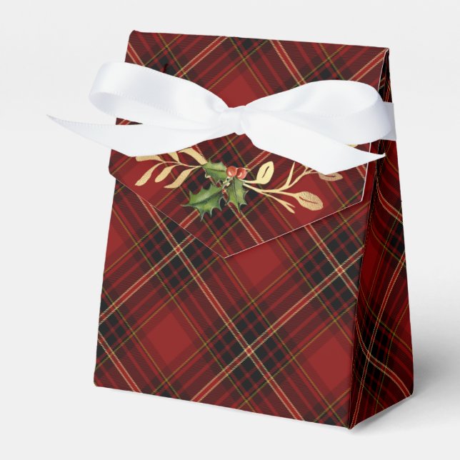 Classic Red Christmas Tartan, Holly & Gold Leaves Favour Box (Front Side)