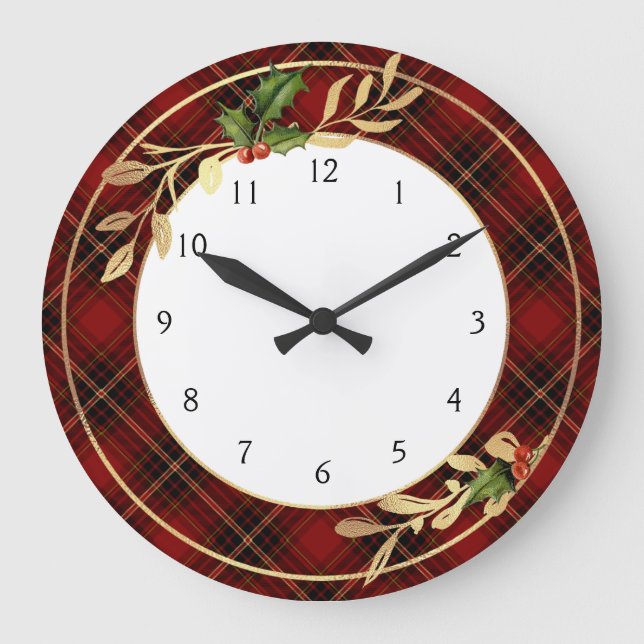Classic Red Christmas Tartan, Holly & Gold Leaves Large Clock (Front)