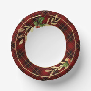 Classic Red Christmas Tartan, Holly & Gold Leaves Paper Plate
