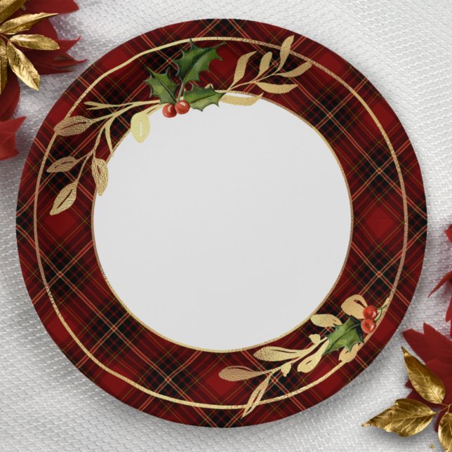 Classic Red Christmas Tartan, Holly & Gold Leaves Paper Plate (Creator Uploaded)