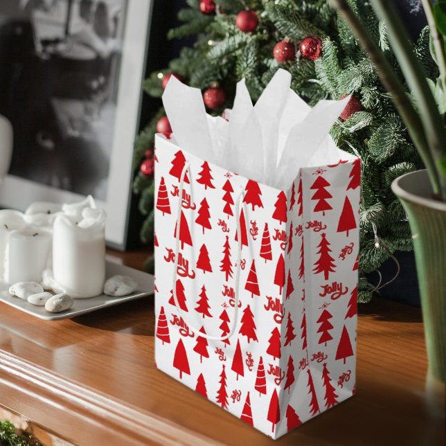 Classic Red Christmas Tree Jolly Holiday Pattern Medium Gift Bag (Classic Red & Green Christmas Tree Jolly Pattern Medium Gift Bag)