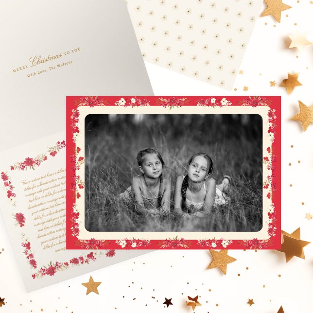 classic red cream christmas floral folded photo holiday card (Creator Uploaded)