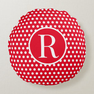 Classic Red Custom initial letter Polka Dot  Round Cushion