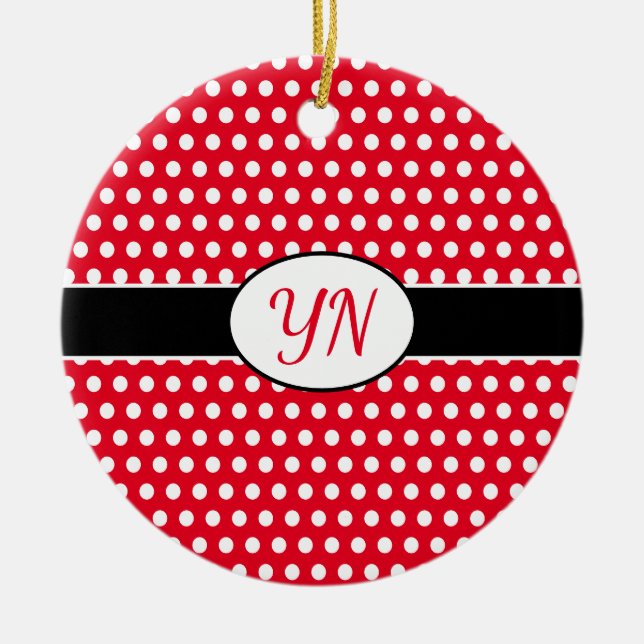 Classic Red Custom initials Polka Dot Ceramic Tree Decoration (Front)