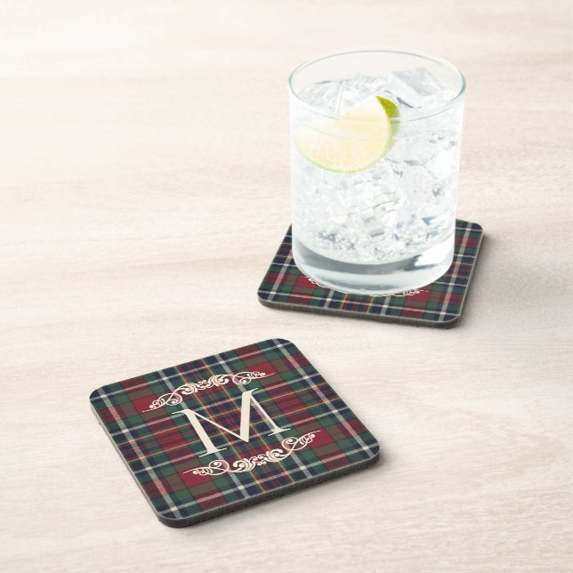 Classic Red Dark Blue Green Plaid Pattern Coaster (Right Side)