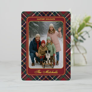 Classic Red Dark Blue Green Plaid Pattern Gold Foil Holiday Card