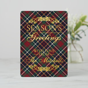 Classic Red Dark Blue Green Plaid Pattern Gold Foil Holiday Card
