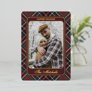 Classic Red Dark Blue Green Plaid Pattern Gold Foil Holiday Card