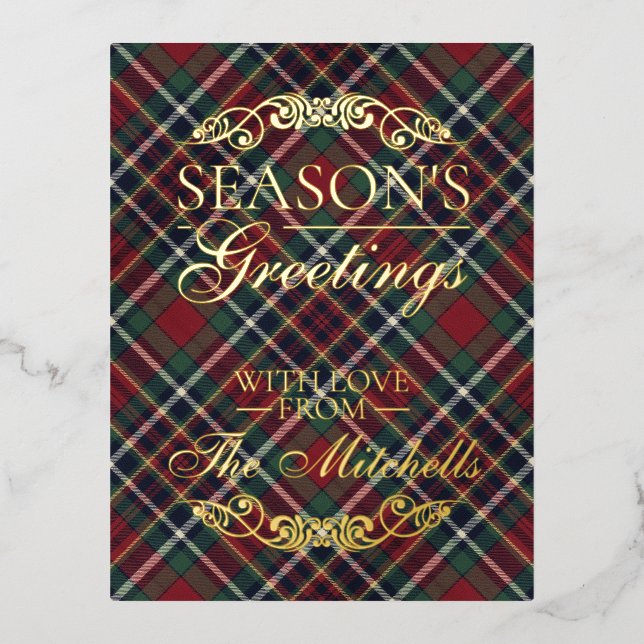 Classic Red Dark Blue Green Plaid Pattern Gold Foil Holiday Postcard (Front)