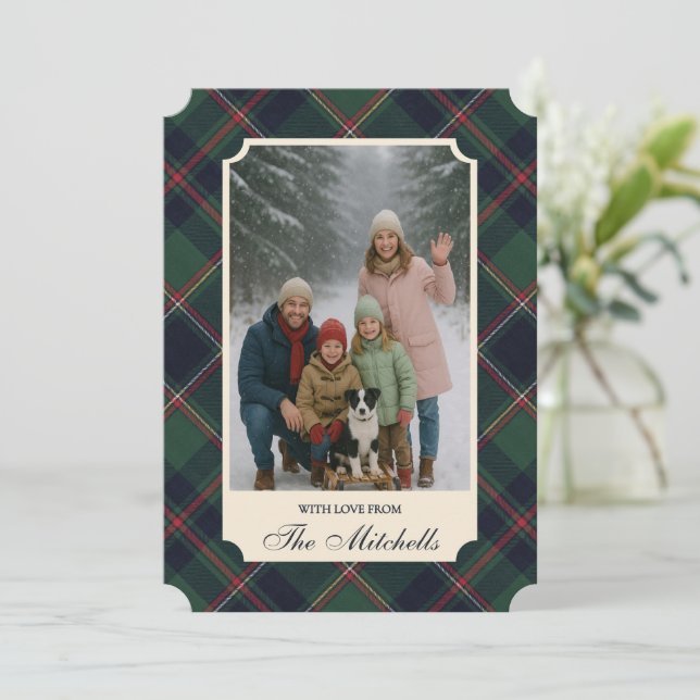 Classic Red Dark Blue Green Plaid Pattern Holiday Card (Standing Front)