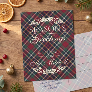 Classic Red Dark Blue Green Plaid Pattern Holiday Postcard