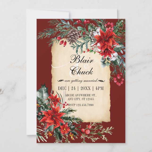 Classic red floral branch wedding invitation (Front)