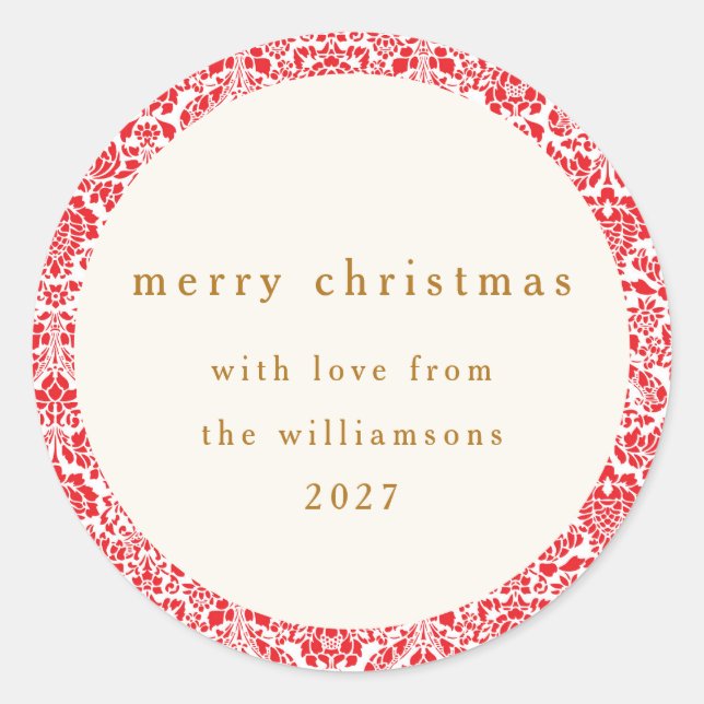 Classic Red Floral Personalised Christmas Greeting Round Sticker (Front)