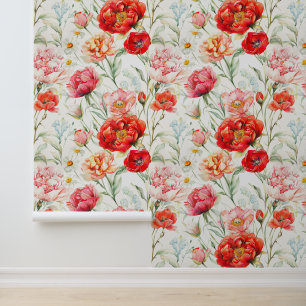 Classic red flower mix peony tulip rose daisy wallpaper