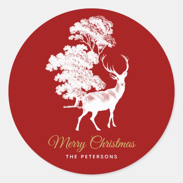 Classic Red French Toile Deer in Forest Classic Round Sticker (Front)
